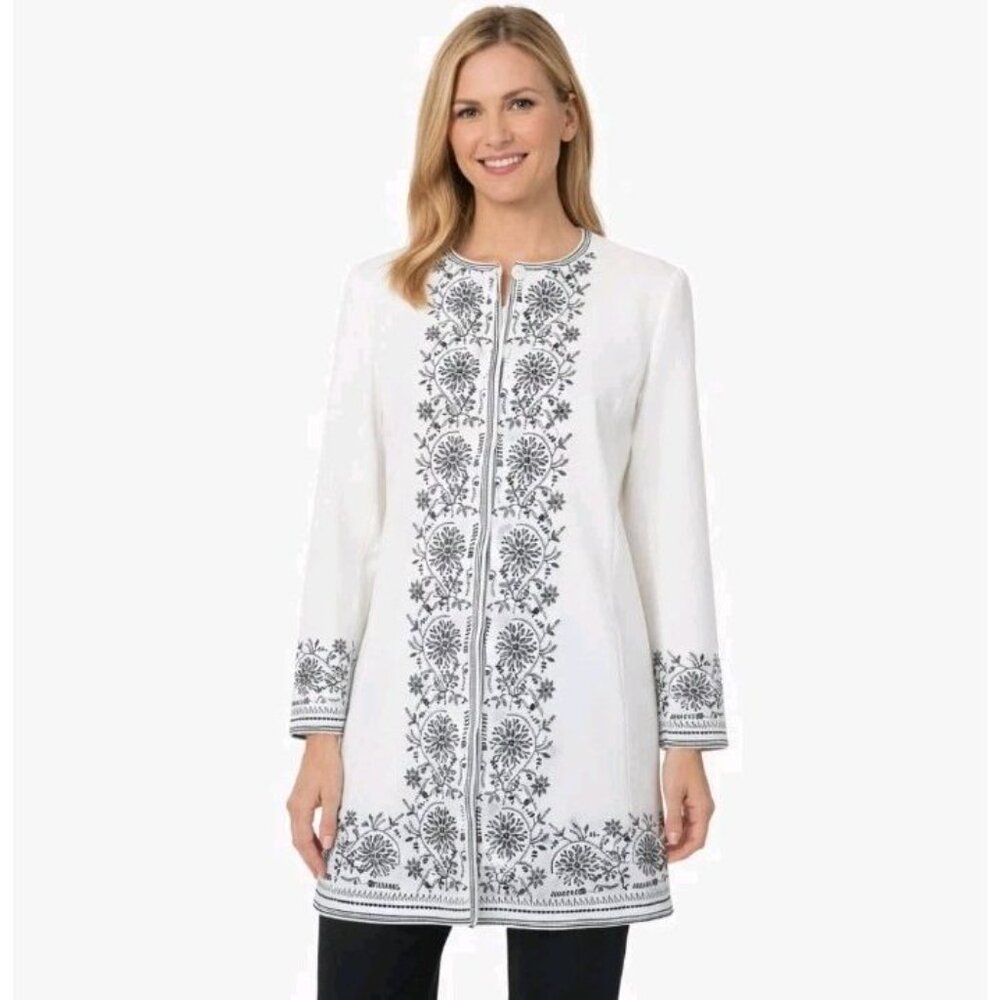 Peter Nygard Ivory Wool Embroidered Coat 14 Boho Folk Jacket Longline Tunic L - Picture 2 of 16